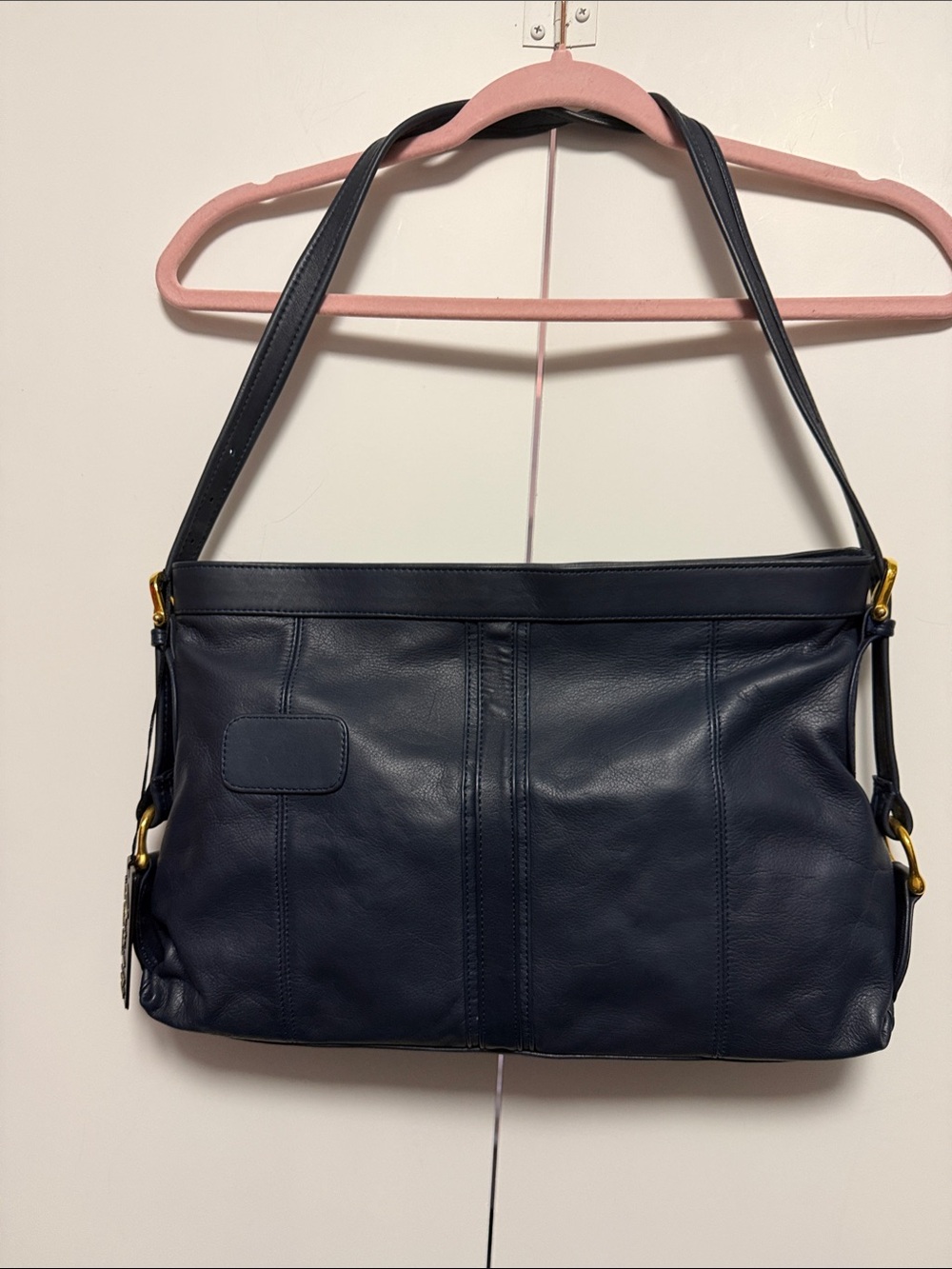 Elegant Navy Leather Shoulder Bag with Gold Accents